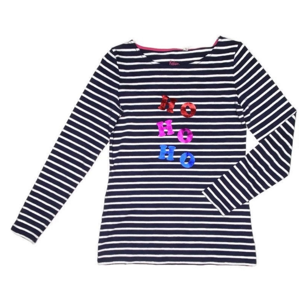 Boden Christmas Breton‎ Top- Metallic Foil Slogan- Ho Ho Ho